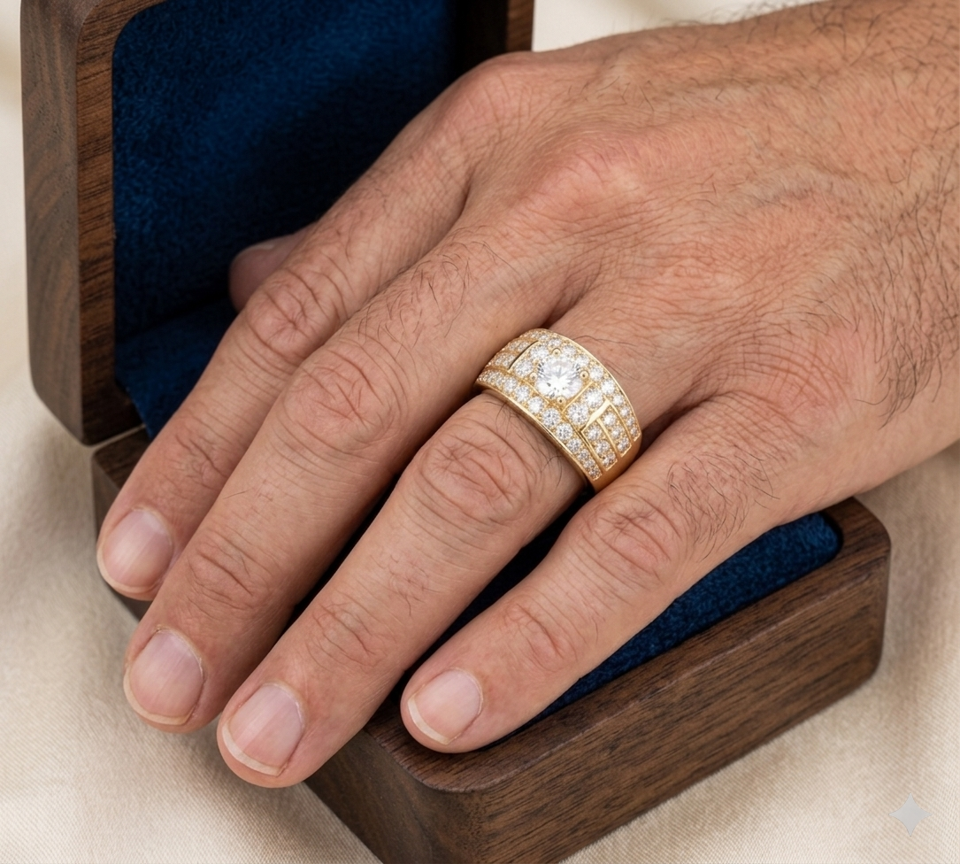 Anillo con baño de Oro de 14K con Diamantes y Gema Central