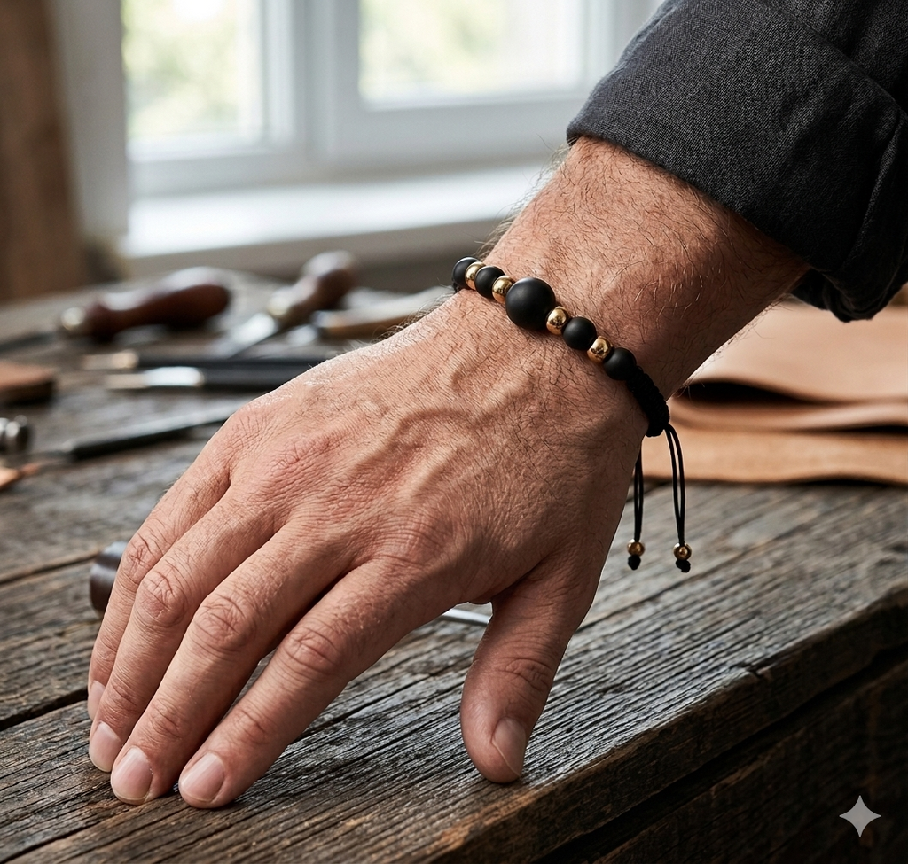 Pulsera Artesanal de Piedra Mate y Acentos Dorados en baño de Oro.