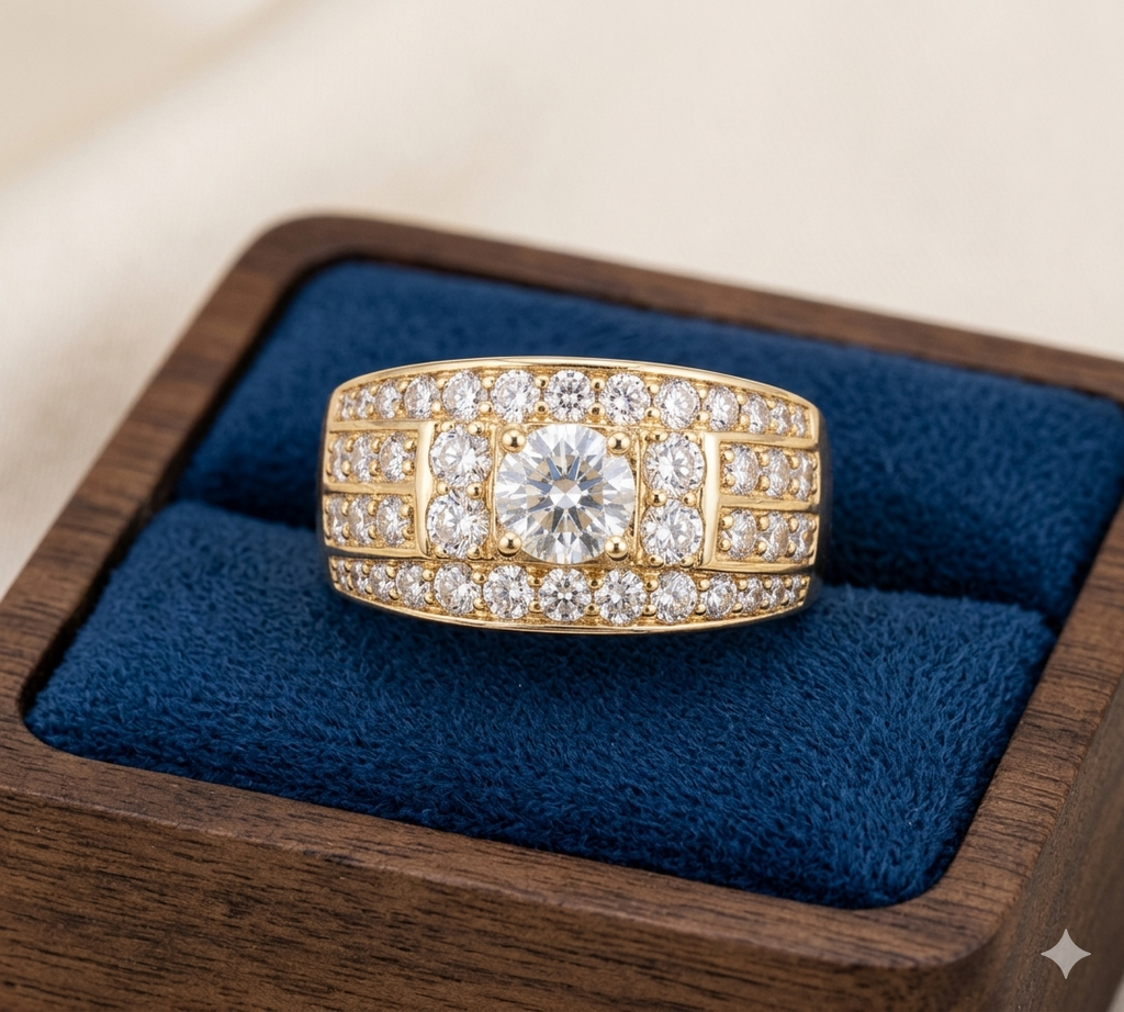Anillo con baño de Oro de 14K con Diamantes y Gema Central