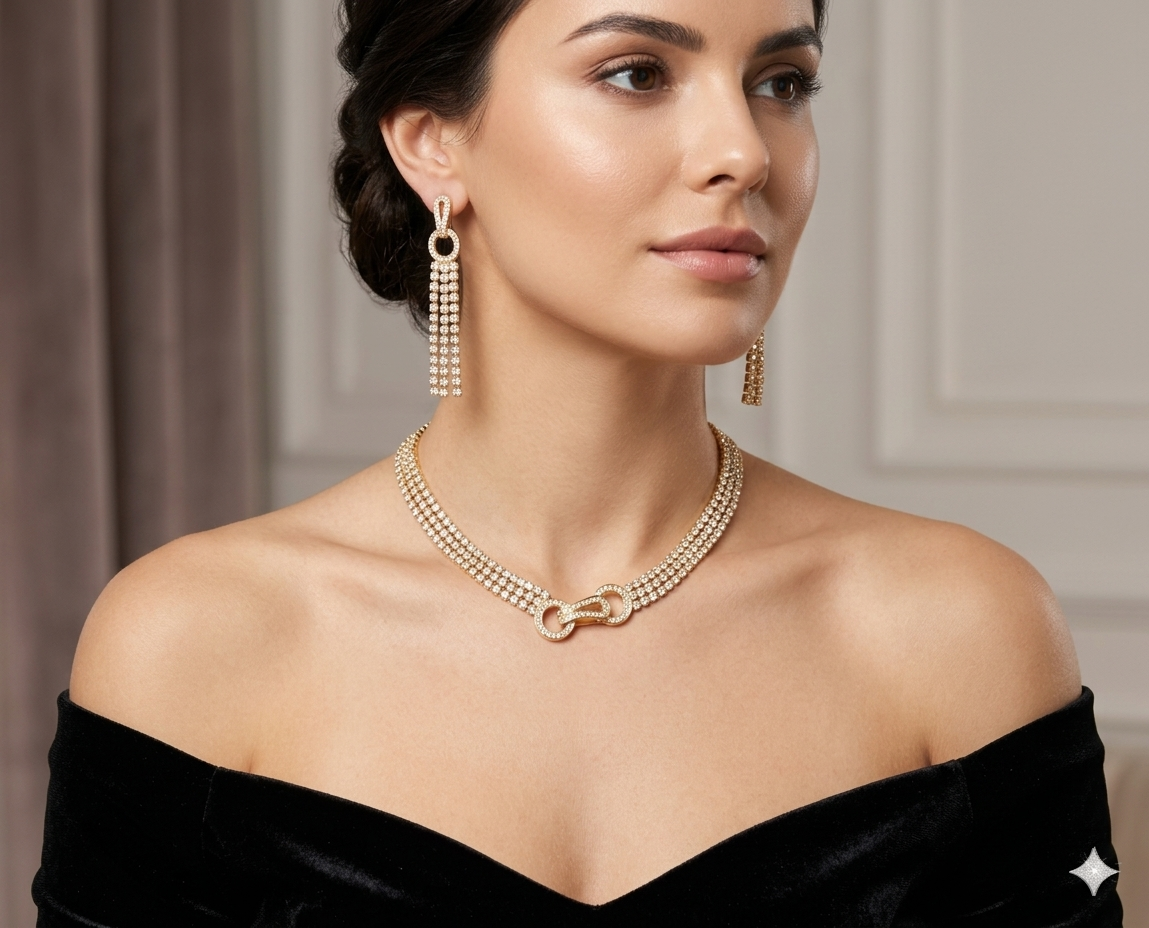 Set de Gargantilla y Aretes de Lujo con Baño de Oro y Circonias